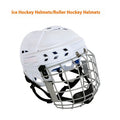 Ice hockey helmet with carbon steel face mask showing impact resistant PP shell and cushioned EVA lining.