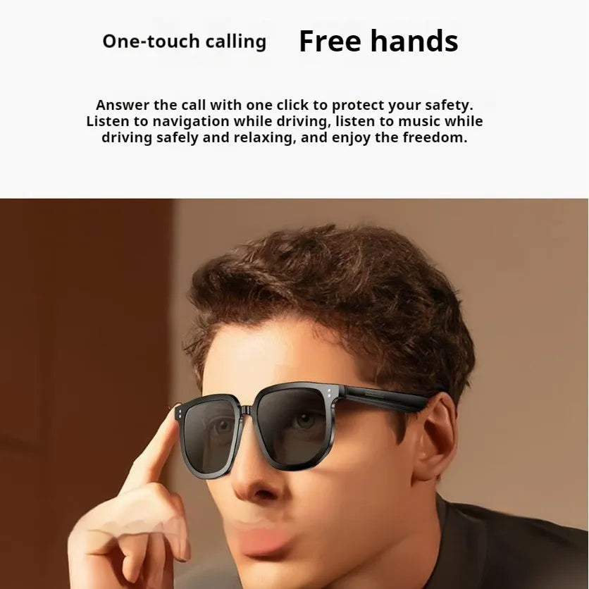 Black PC frame Bluetooth smart sunglasses with touch controls for audio and calls.