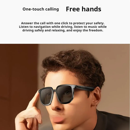 Black PC frame Bluetooth smart sunglasses with touch controls for audio and calls.