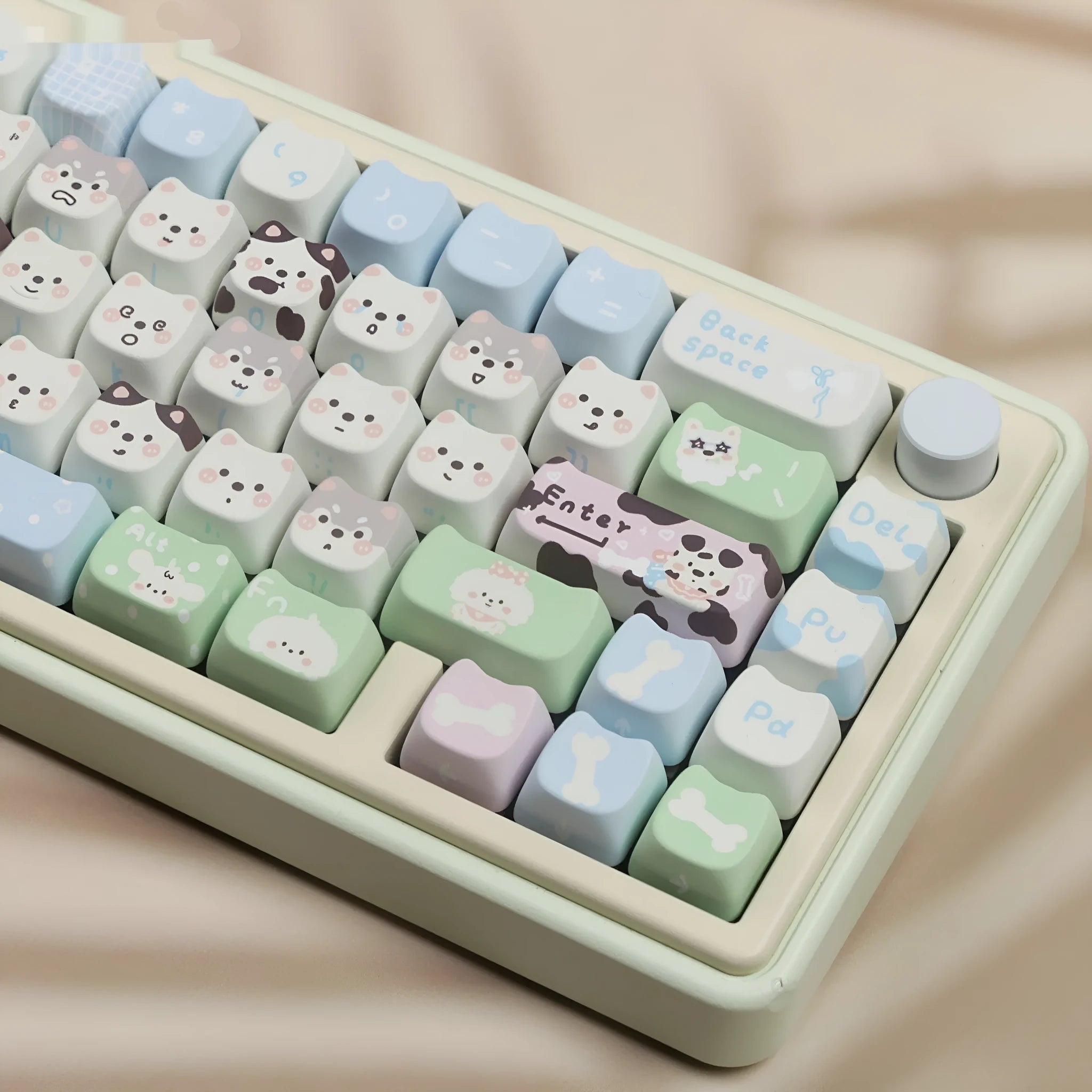 Complete set of 104 PBT key caps with colourful cute puppy sublimation design for mechanical keyboards