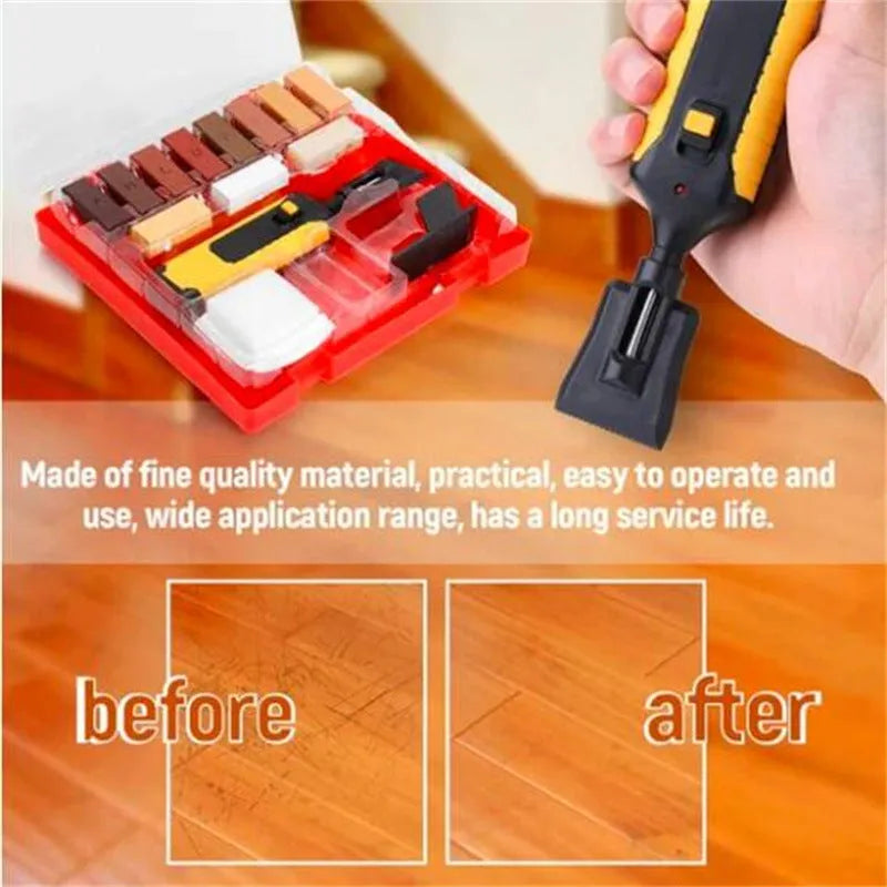 Floor tile repair tool set with red or yellow handle options and wax sticks for DIY furniture restoration