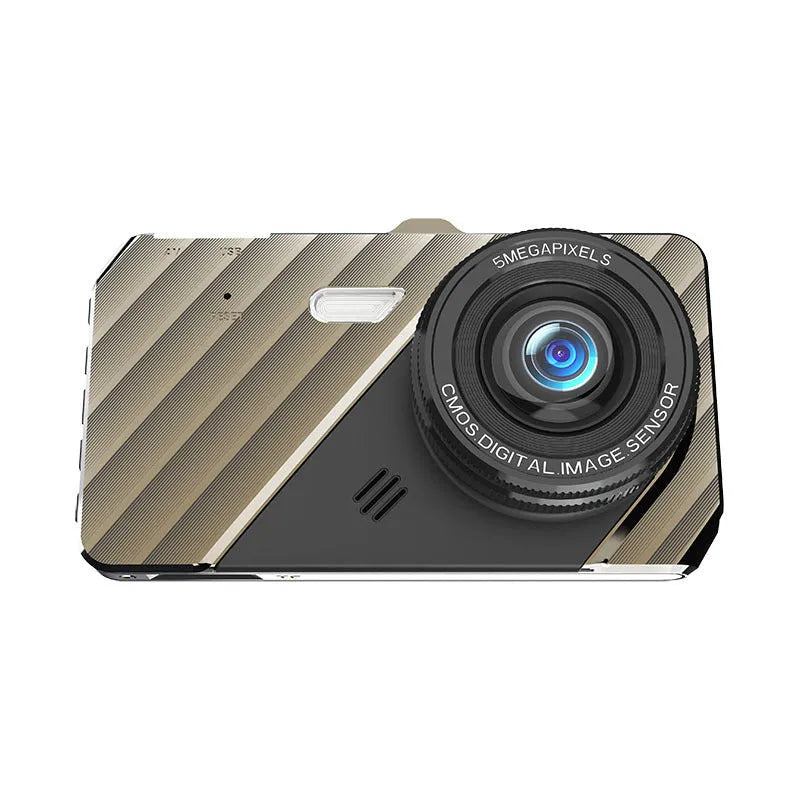 Black 4-inch dual lens dash cam showing front and rear camera configuration with touch screen display