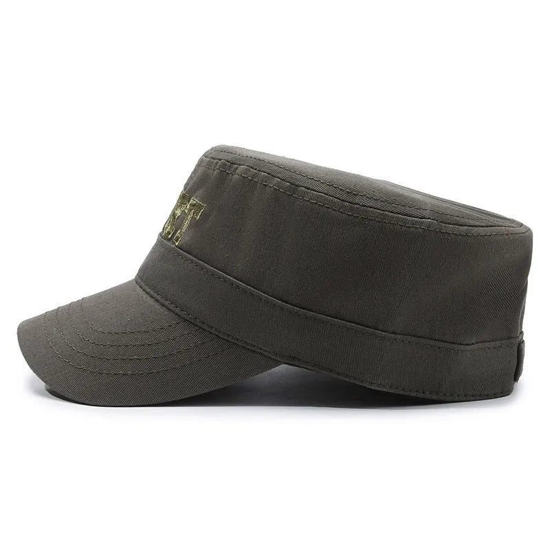 Cotton peaked cap in army green with adjustable strap and English letter detailing.