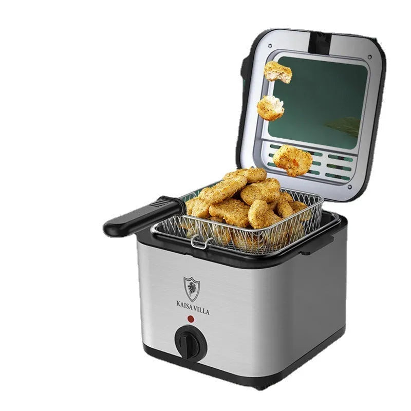 Silver 2.5L electric deep fryer with detachable basket on a kitchen countertop.
