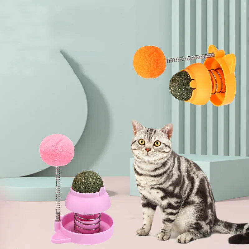 Automated lucky cat cat toy with rotating mint ball in blue, orange and pink colours