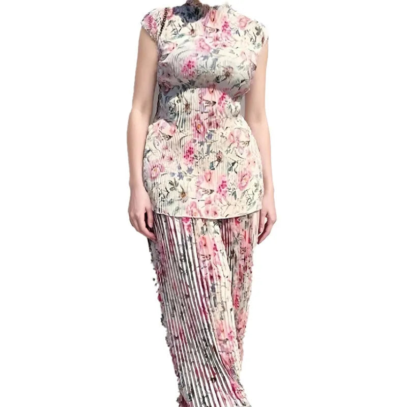 Long sleeve printed chiffon dress set showing separate high-waisted skirt and top.
