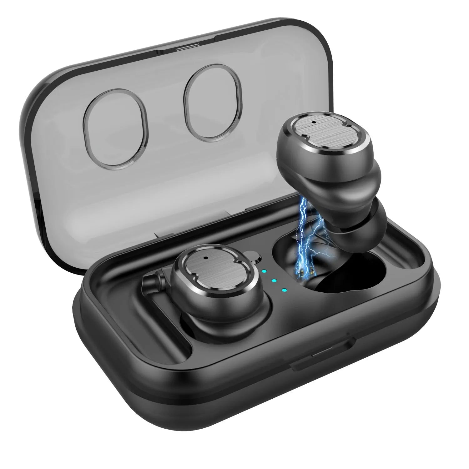 Wireless Bluetooth stereo earbud headset showing four colour options: black, white, red, and blue