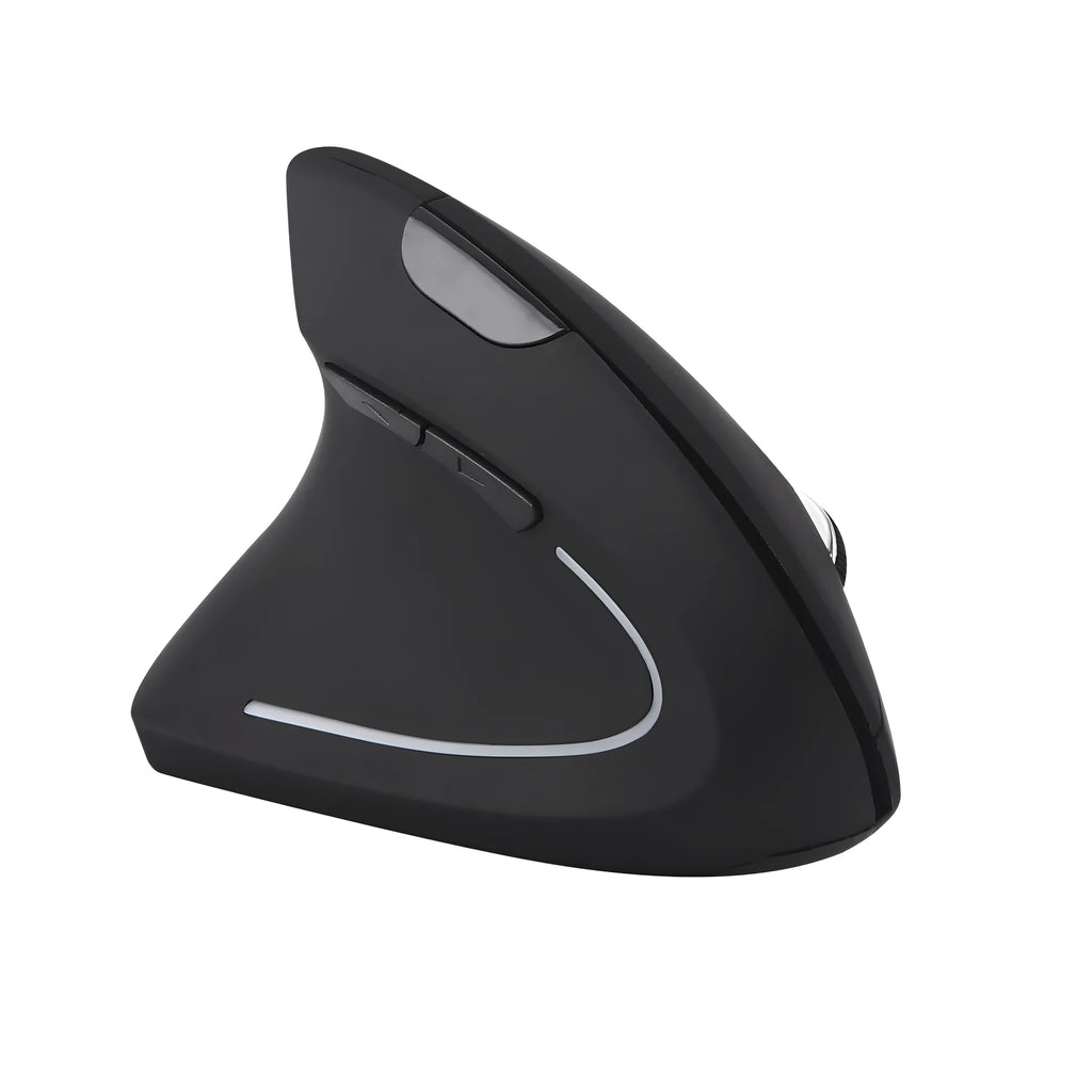 Left hand vertical wireless mouse in black ergonomic design with thumb buttons