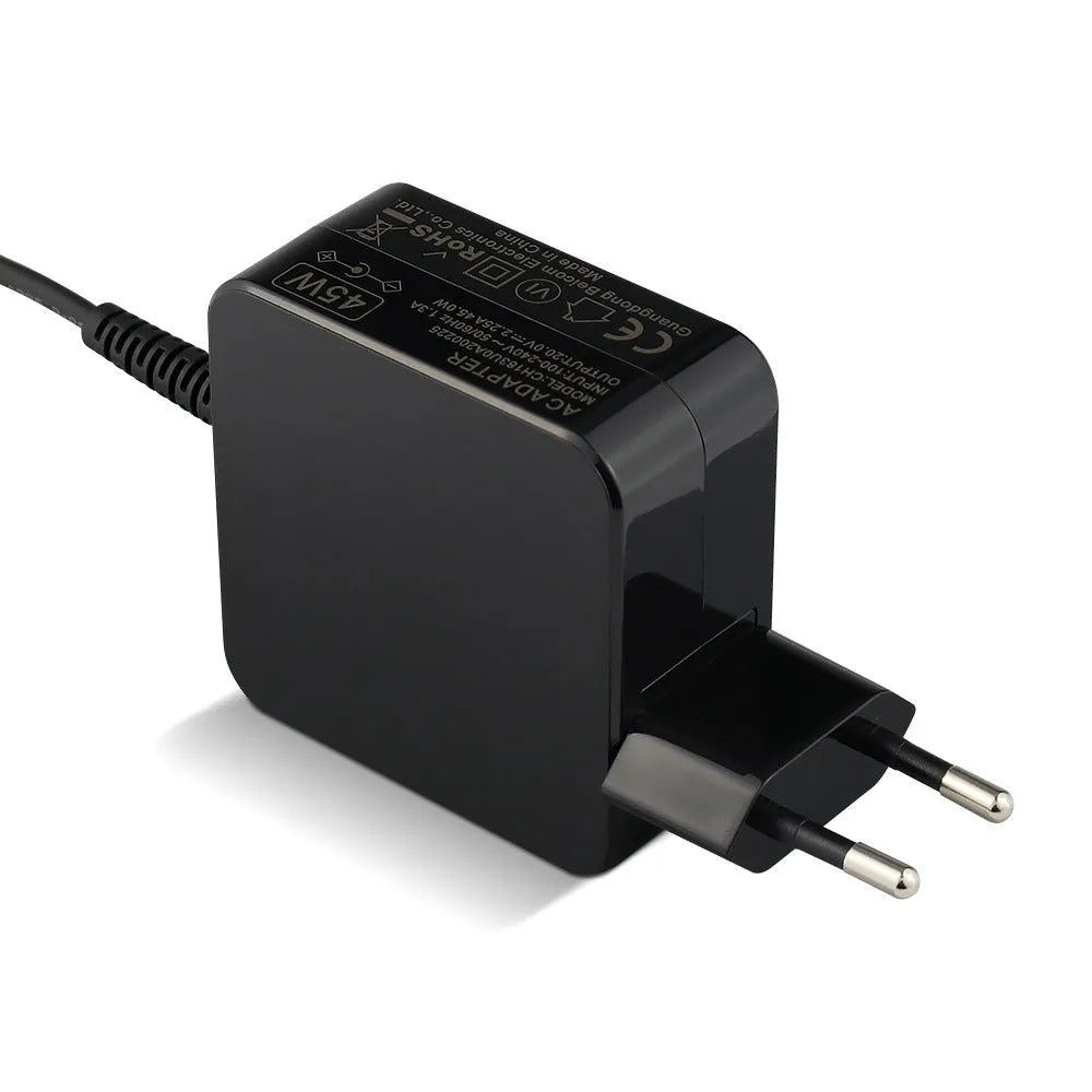 Black 45W laptop adapter with American standard DC connector showing compact dimensions