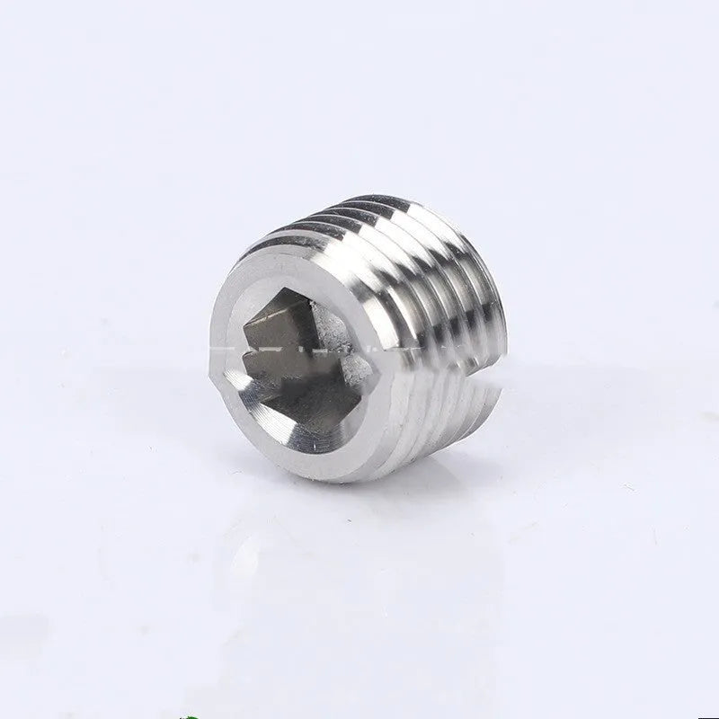 Stainless steel hexagon plug for 3/8 inch bulkhead pipe fittings on a white background.