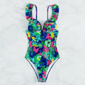 Ruffled printed backless one piece swimsuit women, floral solid colour polyester, sleeveless, sizes S M L XL