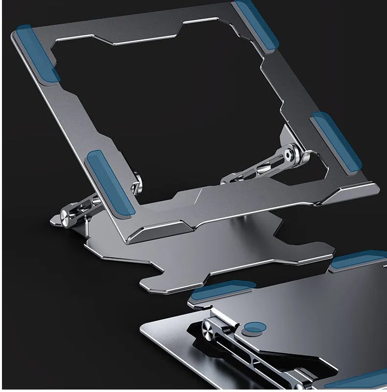 Grey aluminium laptop stand with adjustable angle, shown holding a silver laptop.