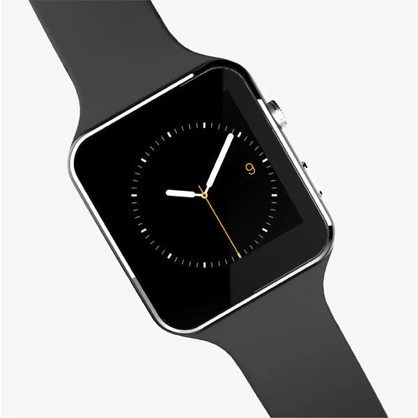 Black smart watch with 1.54 inch HD touchscreen and silicone strap on a wrist.