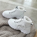 Fleece lace-up boots women winter warm flat heel round toe waterproof platform artificial PU leather stitching
