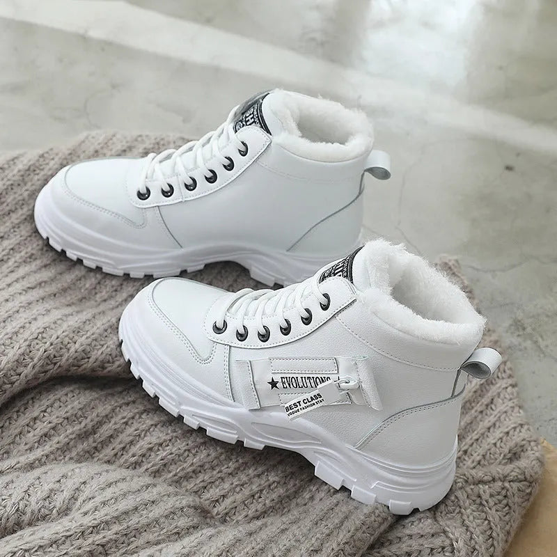 Fleece lace-up boots women winter warm flat heel round toe waterproof platform artificial PU leather stitching