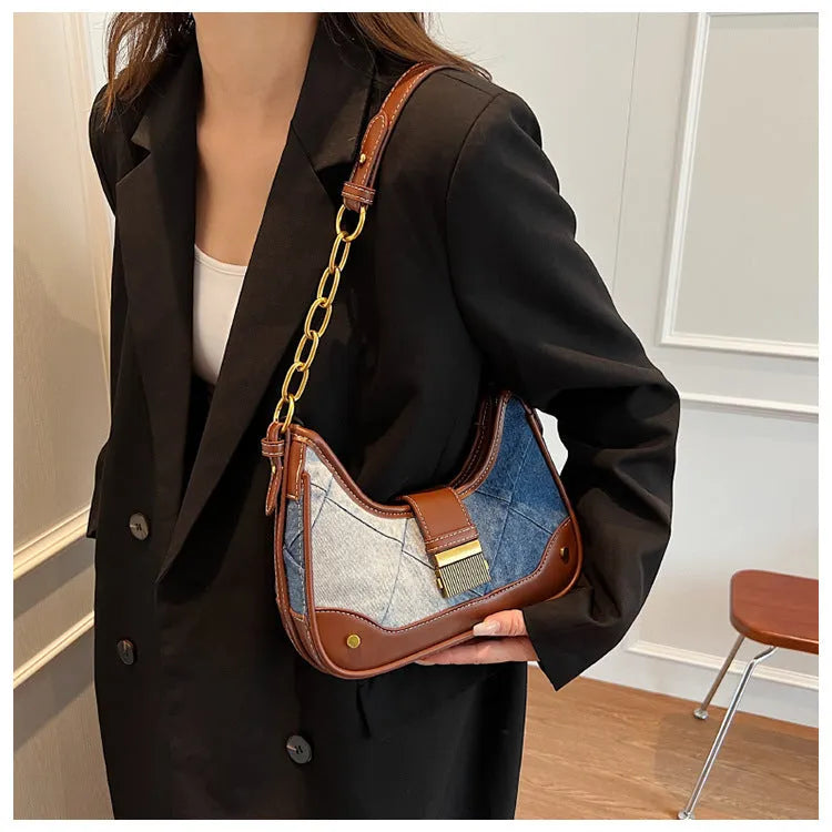 Brown denim women's shoulder bag with diamond mesh detail and bucket design