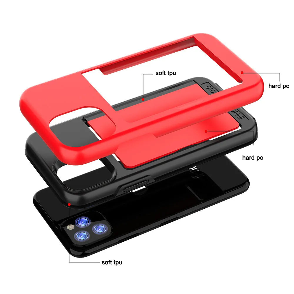 Solid colour iPhone case with hard back and flexible sides for iPhone 11, 11 Pro, and 11 Pro Max in black, blue, red, and purple.