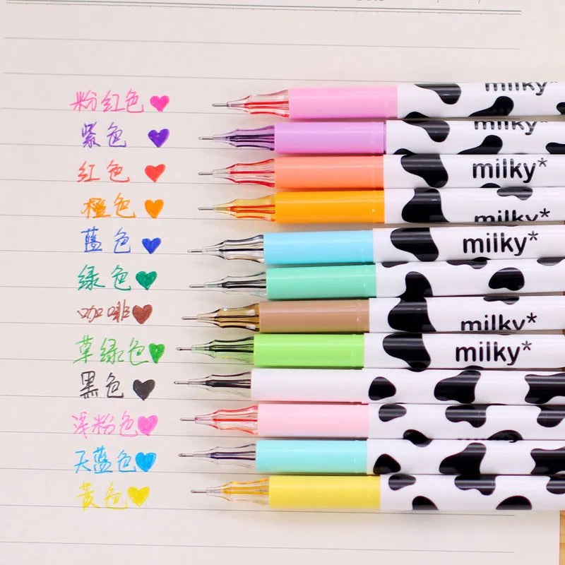 Box of 12 cow print gel pens with assorted colours and 0.38mm fine tips.