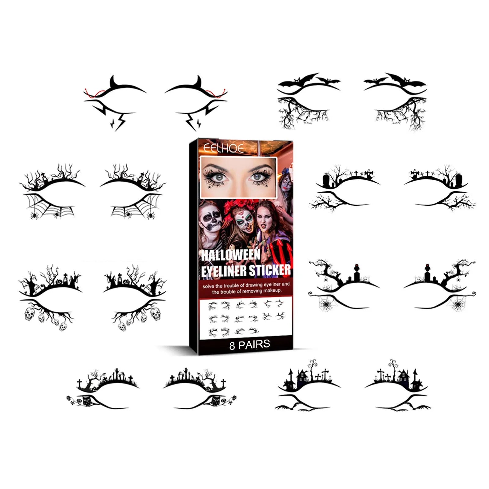 Set of bat and spider shaped decorative eyeliner stickers for makeup application.