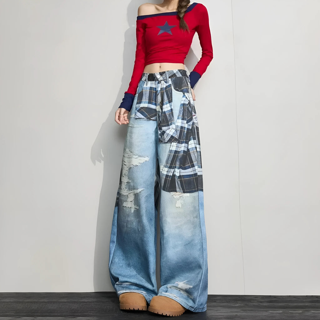 High street wide-leg loose casual pants in blue cotton, straight leg, mid-rise waist, front view