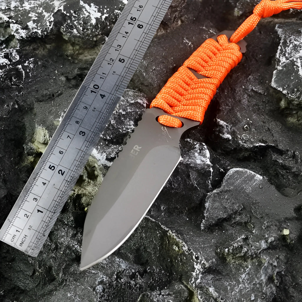 Camping survival knife with rope-wrapped handle and ABS sheath showing blade and full length