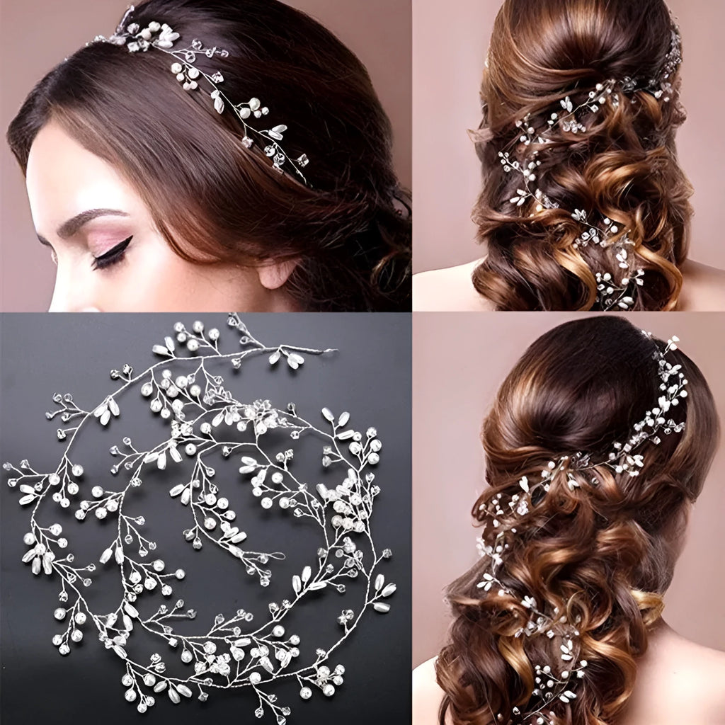 Silver bride's long hair band with crystals and pearls for wedding updos.