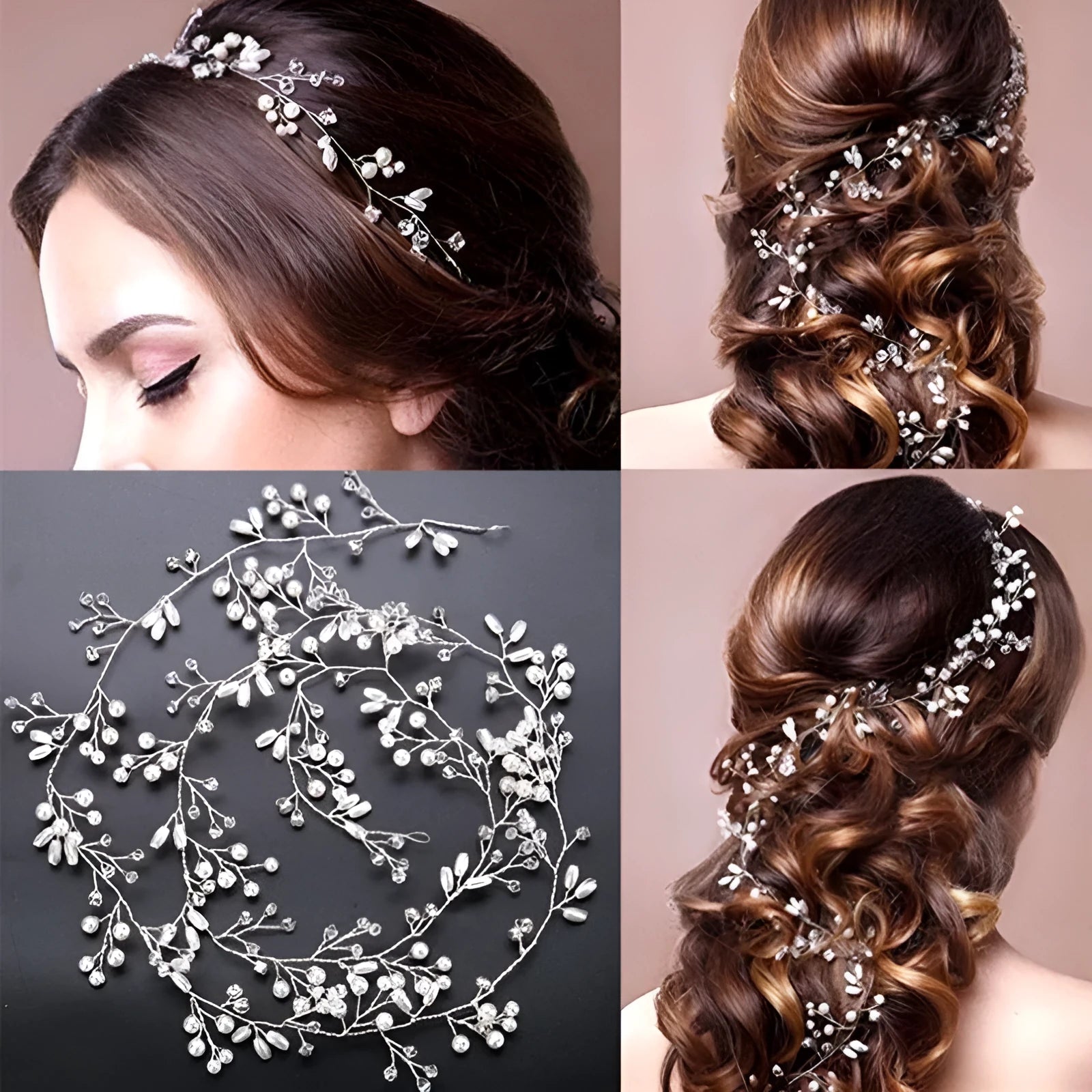 Silver bride's long hair band with crystals and pearls for wedding updos.