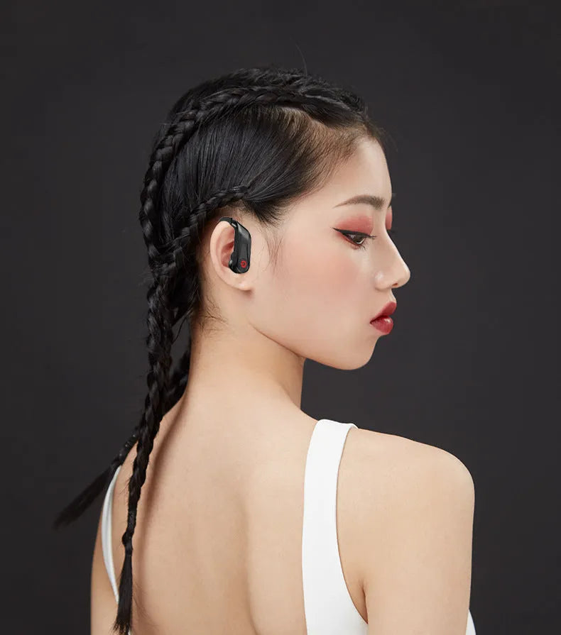 Black wireless Bluetooth in-ear headset with two earbuds on a white background.