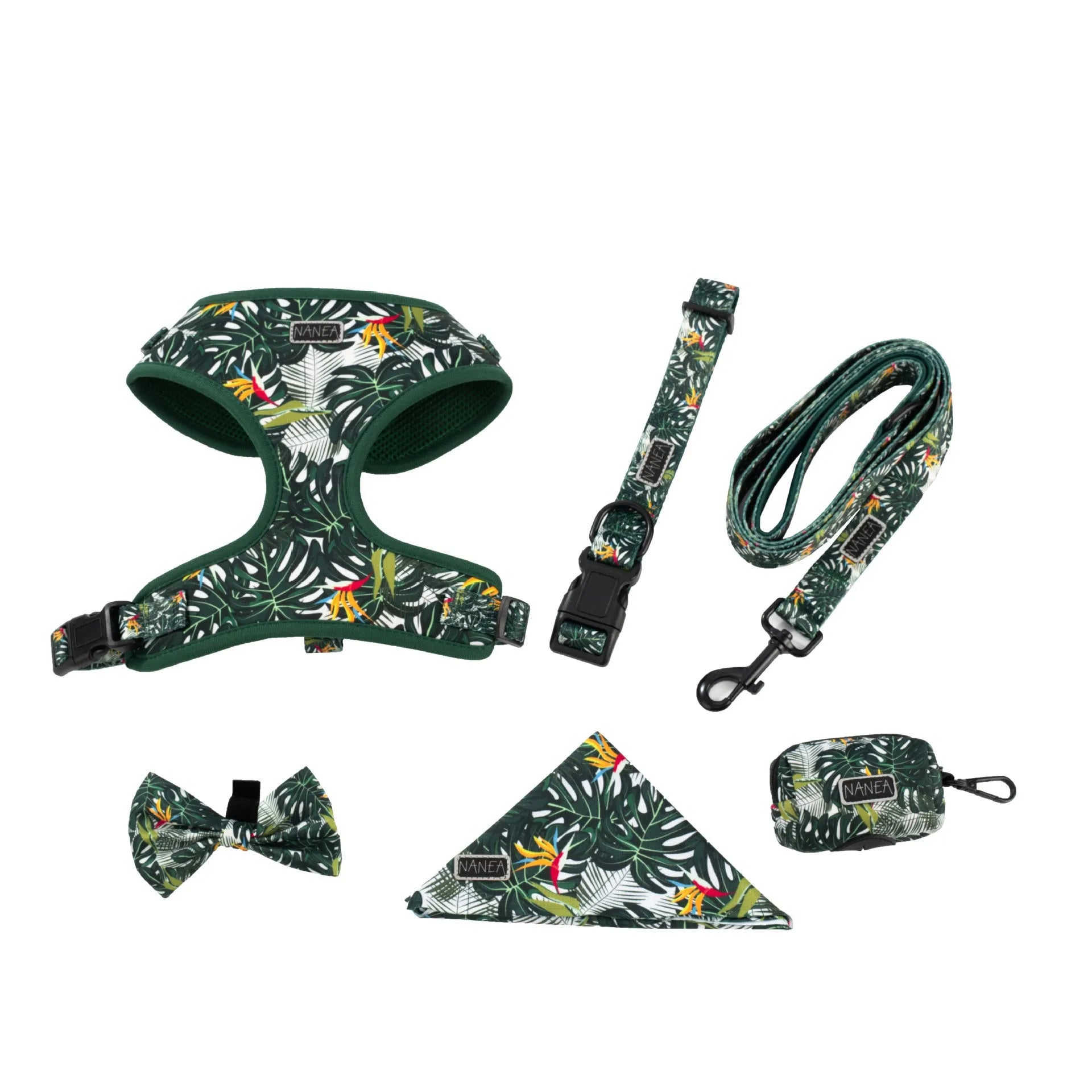 Six-piece adjustable cloth dog harness set with lead, collar, waste bag, bow, and scarf.