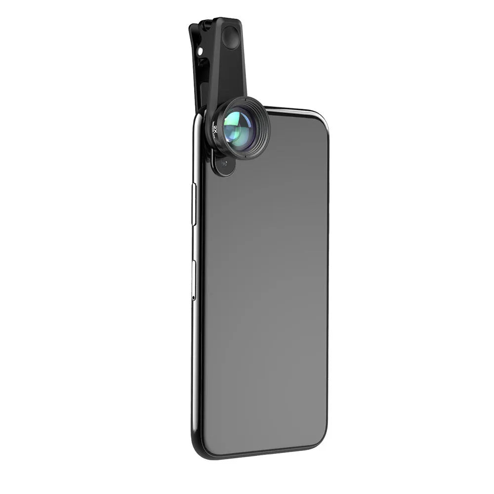 Black universal 6 in 1 smartphone camera lens kit showing fisheye, macro, wide-angle, telephoto, CPL and star filters with clip and case.