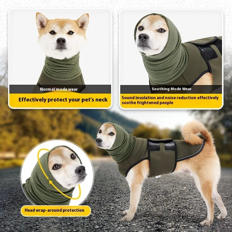 Dog wearing army green anti-anxiety jacket with calming vest design