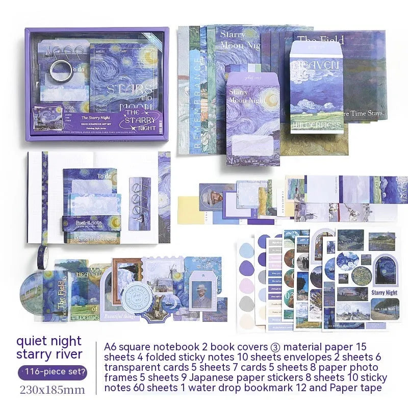 A6 creative journal gift box open to show grid notebook, bookclothes cover, material paper, cards, envelopes, stickers, and a water drop bookmark.