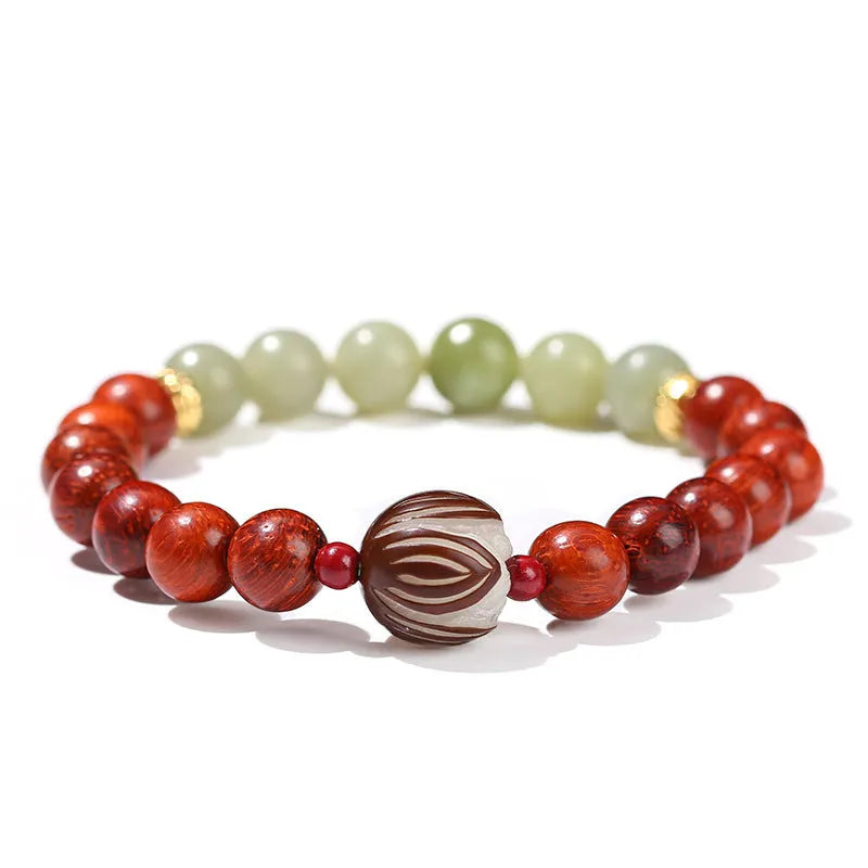 Red rosewood and grey jade Bodhi Lotus bracelet with geometric round beads.