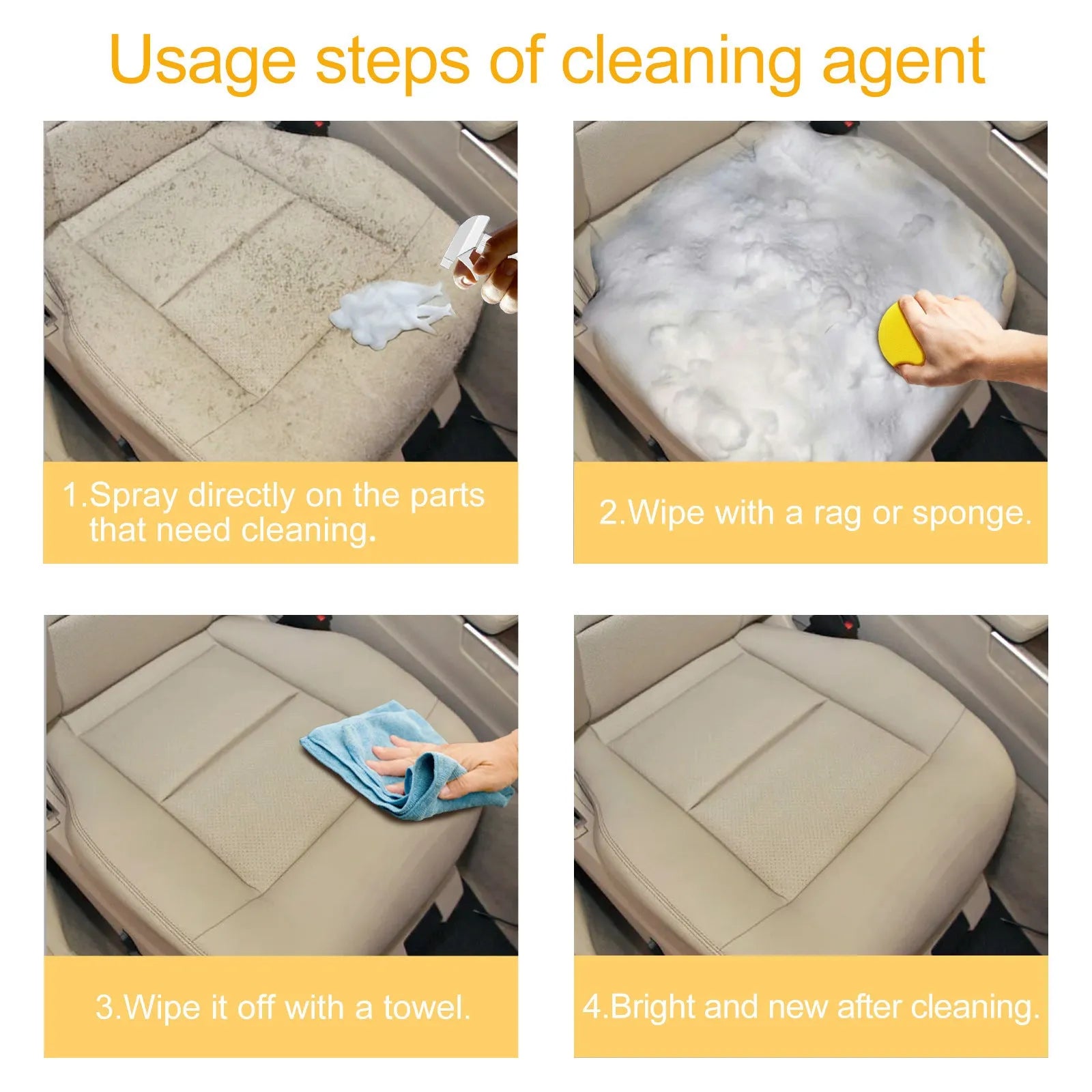 60ml car interior wash-free foamed cleaner spray bottle with a 10cm by 10cm white sponge applicator
