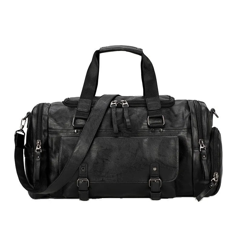 Black travel bag with separate shoe compartment, waterproof PU fabric exterior
