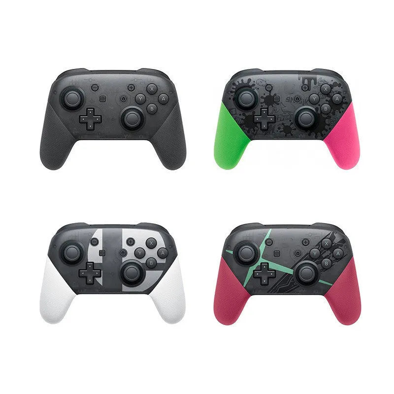 A wireless Bluetooth gamepad with vibration, shown in black, white, red, and green colour options.