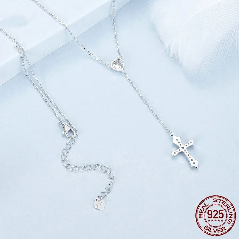 925 silver Love Cross necklace with V-neck pendant on O-ring chain in BSN384 colour for women