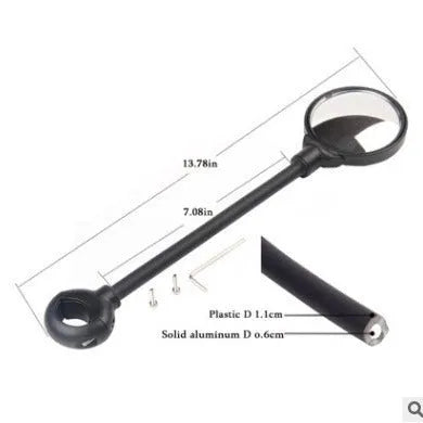 Black bicycle rearview mirror with hose adjustment system attached to handlebar