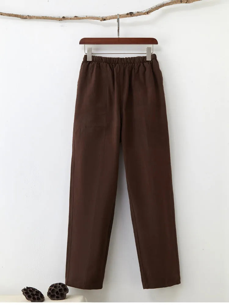 Men's beige pure cotton casual trousers with a drawstring waist on a mid-rise fit.