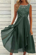 Women's sleeveless chiffon midi dress with lace hollow-out stitching in blue.