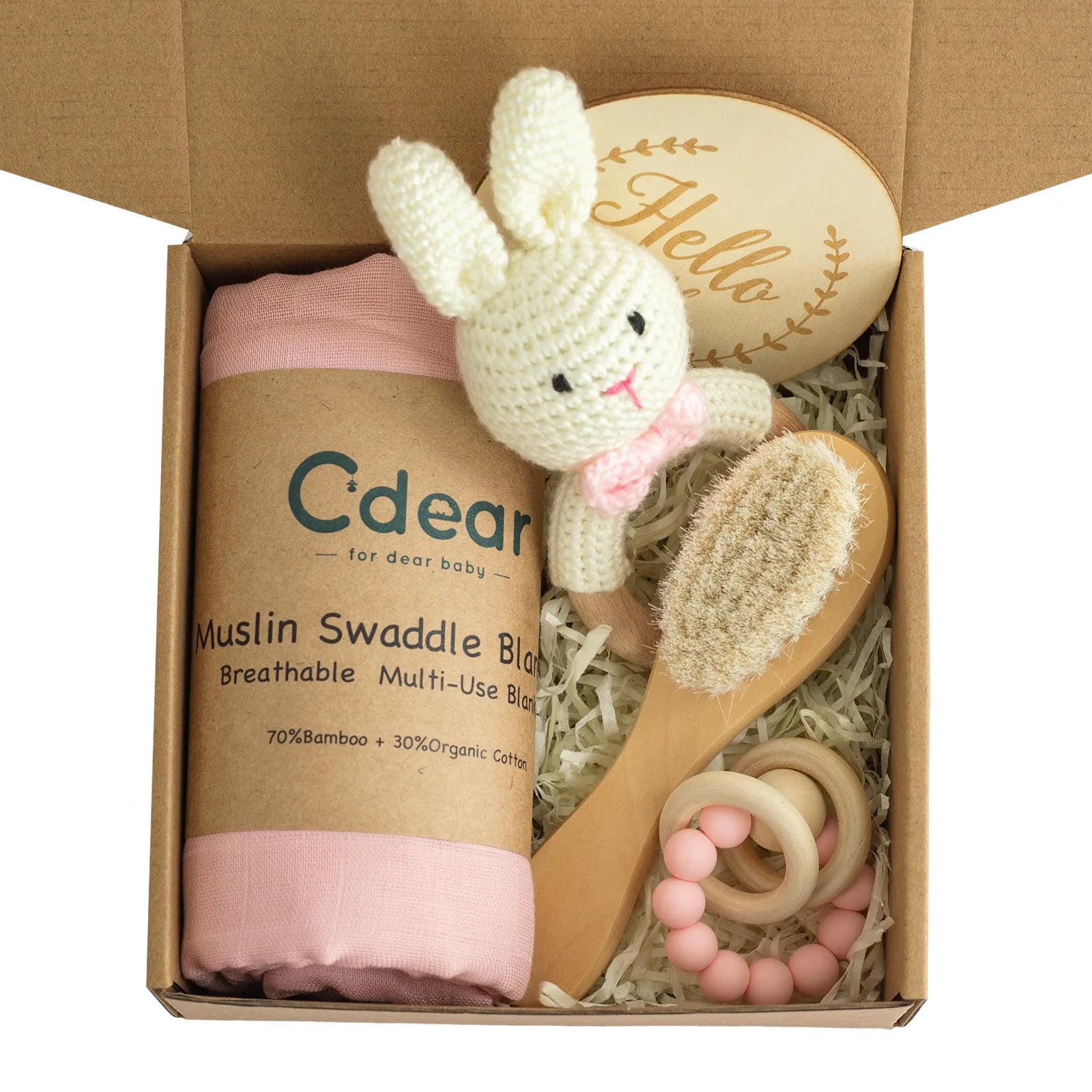 Baby teething gift set with wooden toys and large bamboo-cotton gauze blanket in assorted colours