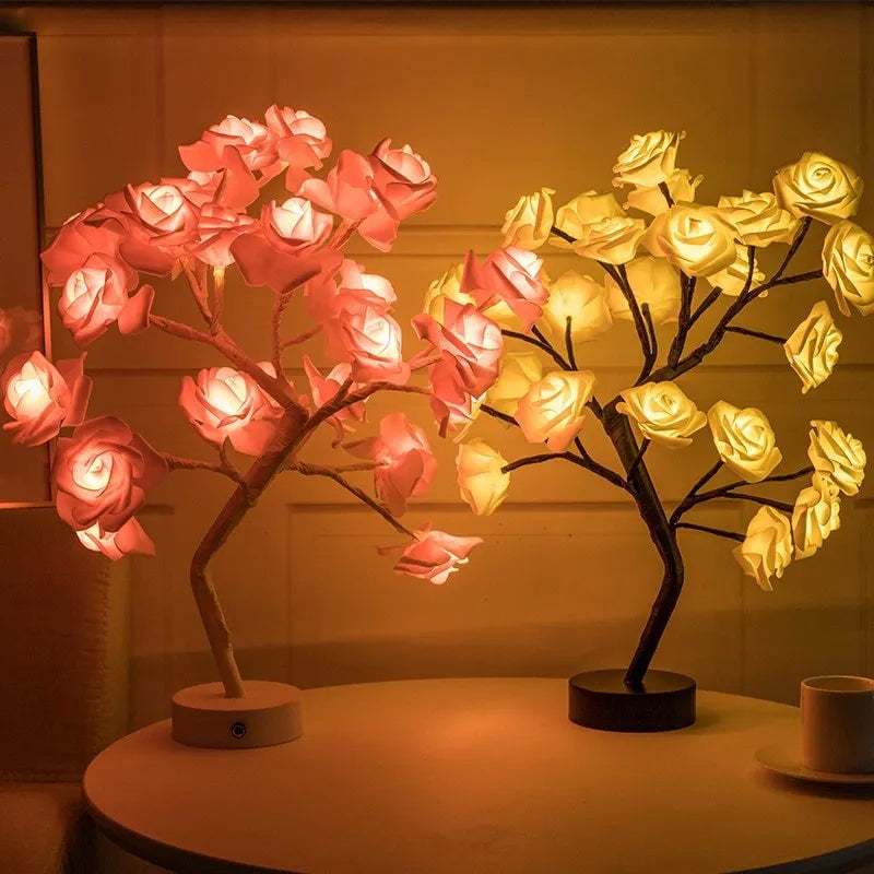 White and red PE cotton rose flower LED table lamp with bonsai tree base, powered by battery or USB.