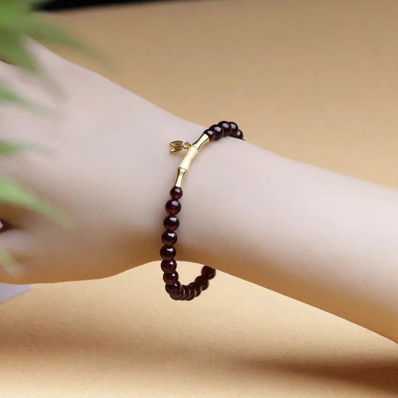 Natural garnet bamboo joint 6mm single ring bracelet in copper or silver finish