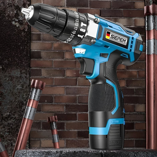 12V dual-speed cordless impact pistol drill and electric screwdriver in a plastic carry case.
