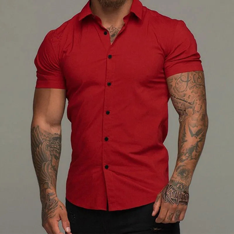 Men's short sleeve lapel shirt in loose cardigan style, solid colour, polyester, sizes M to XXXL.