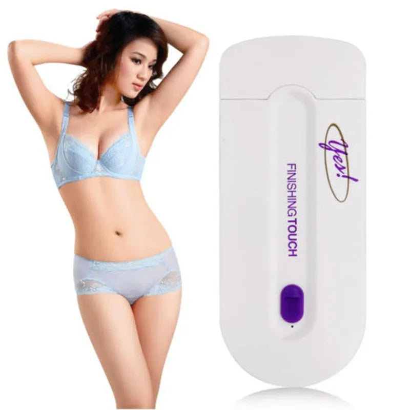 Finishing Touch rechargeable hair remover device with foil head and trimmer head on a white background