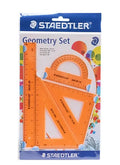 Student plastic geometry set with transparent 15cm ruler, 30 degree triangle, 45 degree triangle, and protractor in neon green