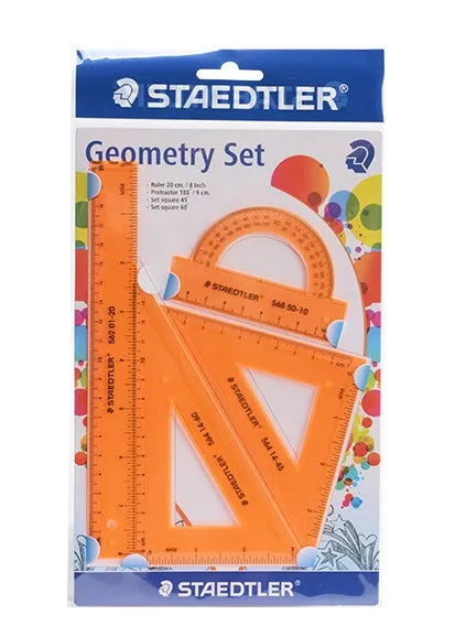 Student plastic geometry set with transparent 15cm ruler, 30 degree triangle, 45 degree triangle, and protractor in neon green