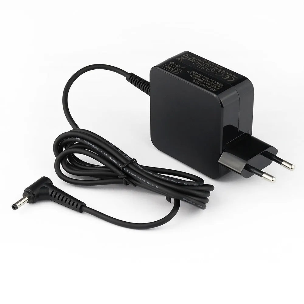 Black 45W laptop adapter with American standard DC connector showing compact dimensions
