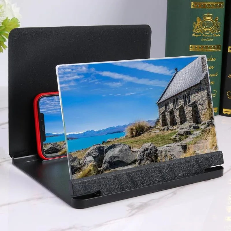 9-inch smartphone screen amplifier with plexiglass lens and universal phone holder